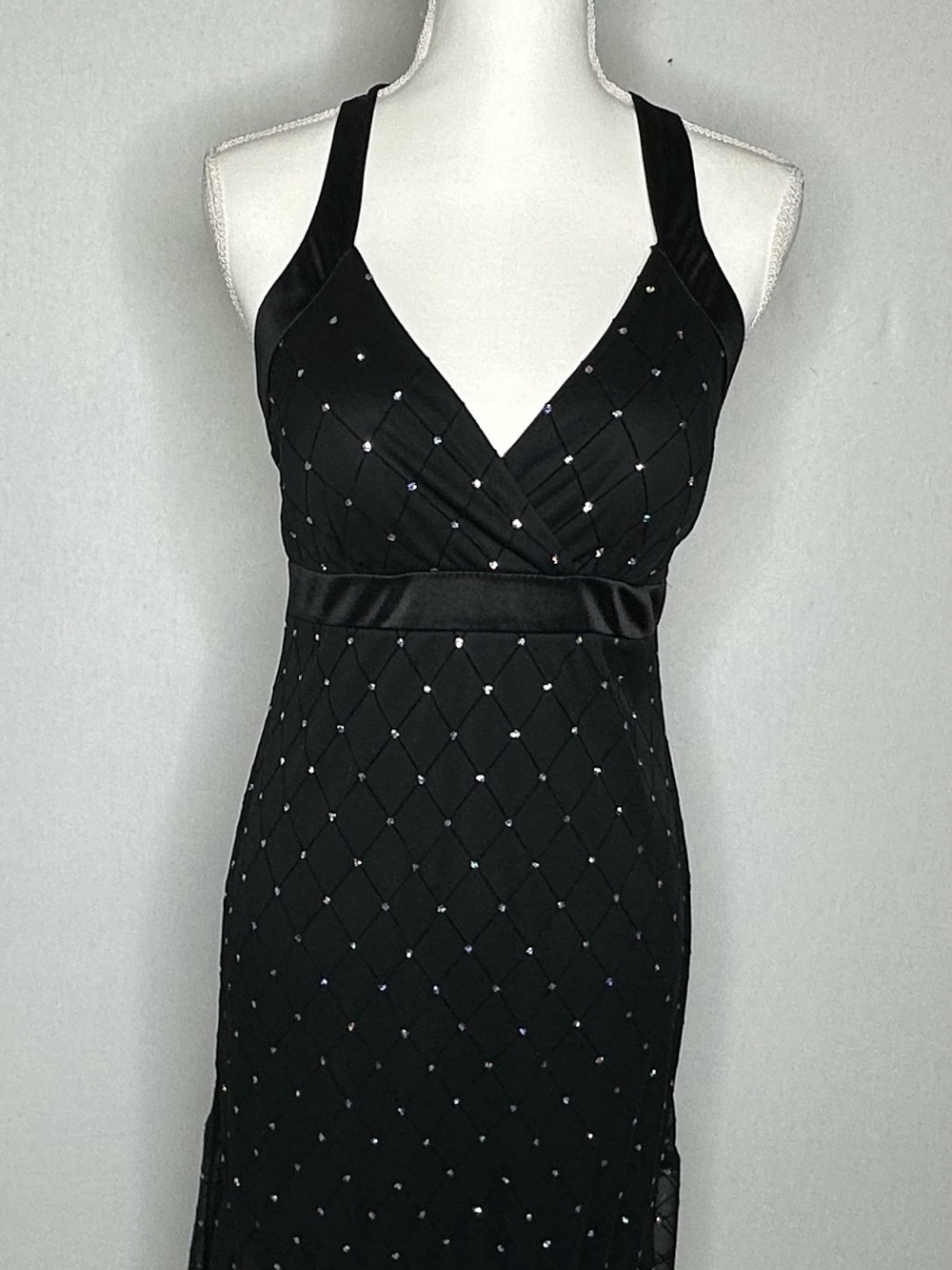 R&M Richards Black Strapless Crystal-Studded Evening Dress